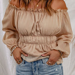 Frill Trim Off-Shoulder Elastic Waist Blouse