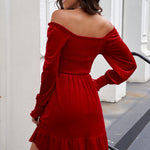Off-Shoulder Smocked Ruffle Hem Dress