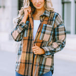 Plaid Curved Hem Shirt Jacket with Breast Pockets