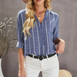 Striped V-Neck High-Low Shirt with Breast Pocket