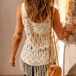 Sleeveless Cable-Knit Fringe Detail Open Work Top