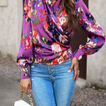 Printed Surplice Neck Long Sleeve Blouse