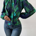 Tie-Dye Button Up Balloon Sleeve Blouse