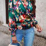 Printed Surplice Neck Long Sleeve Blouse