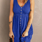 Button Front Empire Waist Sleeveless Slit Dress