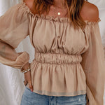 Frill Trim Off-Shoulder Elastic Waist Blouse