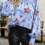 Floral Print Mock Neck Lantern Sleeve Blouse