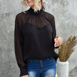 Frill Neck Spliced Mesh Blouse