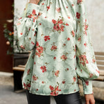 Floral Print Mock Neck Lantern Sleeve Blouse