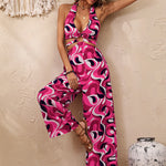 Abstract Print Halter Neck Cutout Wide Leg Jumpsuit