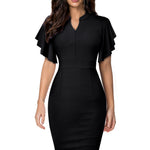 Notched Neck Flutter Sleeve Pencil Dress