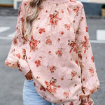 Floral Print Mock Neck Lantern Sleeve Blouse