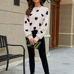 Heart Pattern Lantern Sleeve Round Neck Tunic Sweater