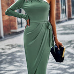 One-Shoulder Pleated Detail Belted Dress