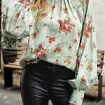 Floral Print Mock Neck Lantern Sleeve Blouse