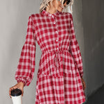 Plaid Band Collar Drawstring Shirt Dress