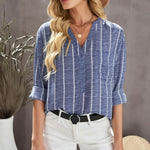 Striped V-Neck High-Low Shirt with Breast Pocket