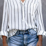 Striped V-Neck High-Low Shirt with Breast Pocket