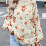 Floral Print Mock Neck Lantern Sleeve Blouse