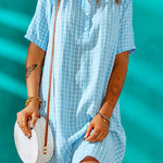 Grid Quarter Button Curved Hem Shirt Dress