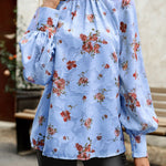Floral Print Mock Neck Lantern Sleeve Blouse