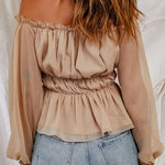 Frill Trim Off-Shoulder Elastic Waist Blouse