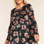 Plus Size Floral Print Velvet Long Layered Hem Sleeve Mini Dress