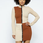 Rib Color Block Mock Neck Long Sleeve High-waist Mini Skirt With Front Zipper Set