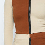 Rib Color Block Mock Neck Long Sleeve High-waist Mini Skirt With Front Zipper Set