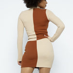 Rib Color Block Mock Neck Long Sleeve High-waist Mini Skirt With Front Zipper Set