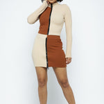 Rib Color Block Mock Neck Long Sleeve High-waist Mini Skirt With Front Zipper Set