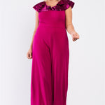 Plus size  Sleeveless Satin Ruffle Shoulder Detail V-neck Wide Leg Jumpsuit
