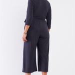 Plus size Dark Grey Plunging V-neck Midi Sleeve Self-tie Waist Detail Wide Leg Midi Jumpsuit