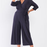 Plus size Dark Grey Plunging V-neck Midi Sleeve Self-tie Waist Detail Wide Leg Midi Jumpsuit