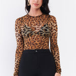 Brown Leopard Print Sheer Mesh Crew Neck Long Sleeve Bodysuit