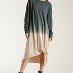 Ombre Front Knot Detail Long Sleeve Maxi Dress With Raw Hem