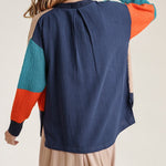 Colorblock Contrasted Cotton Fabric On Back Top With Side Slits And High Low Hem