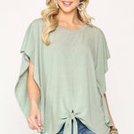Leopard Jacquard Knit Jersey Top With Front Tie, Ruffled Sleeve