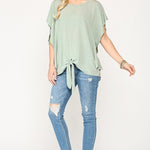 Leopard Jacquard Knit Jersey Top With Front Tie, Ruffled Sleeve