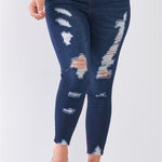 Plus Size Denim Mid-rise Raw Hem Detail Ripped Skinny Jean Pants