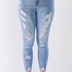 Plus Size Denim Mid-rise Raw Hem Detail Ripped Skinny Jean Pants