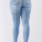 Plus Size Denim Mid-rise Raw Hem Detail Ripped Skinny Jean Pants