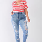 Plus Size Denim Mid-rise Raw Hem Detail Ripped Skinny Jean Pants