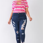 Plus Size Denim Mid-rise Raw Hem Detail Ripped Skinny Jean Pants