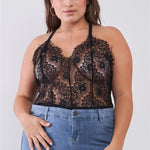 Plus Size Sheer Lace Sleeveless V-neck Criss-cross Back Strap Bodysuit