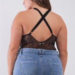 Plus Size Sheer Lace Sleeveless V-neck Criss-cross Back Strap Bodysuit