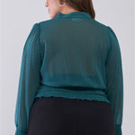 Plus Size Mesh Polka Dot Balloon Sleeve Button-down Smock Detail Blouse Top