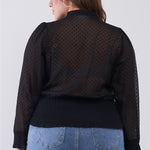 Plus Size Mesh Polka Dot Balloon Sleeve Button-down Smock Detail Blouse Top