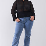 Plus Size Mesh Polka Dot Balloon Sleeve Button-down Smock Detail Blouse Top