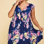 plus Size Floral Venechia Printed Deep V Neckline Swing Dress